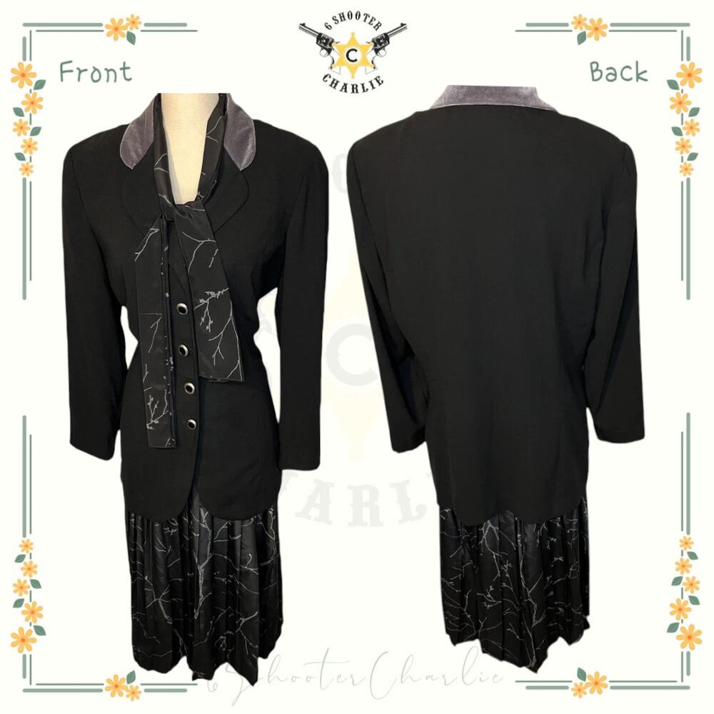 VTG Leslie Fay Women's Skirt and Jacket Size 12 Black and Branch Print w/Scarf